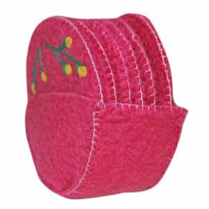 Hand-Stitched Felt Coaster Set with Holder – Floral Design | Handmade in Nepal from 100% Wool